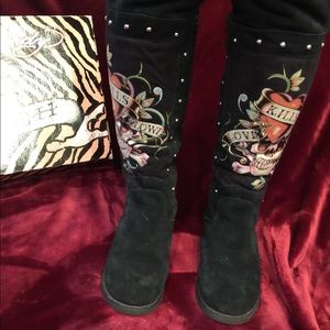 Ed Hardy “love kills” Knee High Boots